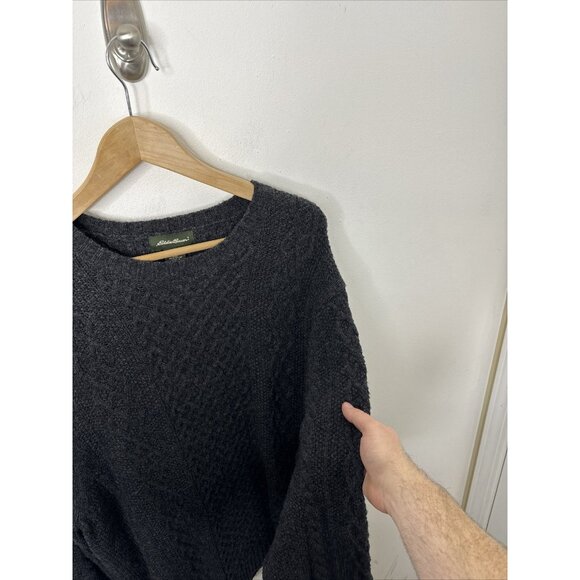 Eddie Bauer Men L Merino Wool Blend Charcoal Cable Knit Fisherman Sweater - Picture 5 of 5